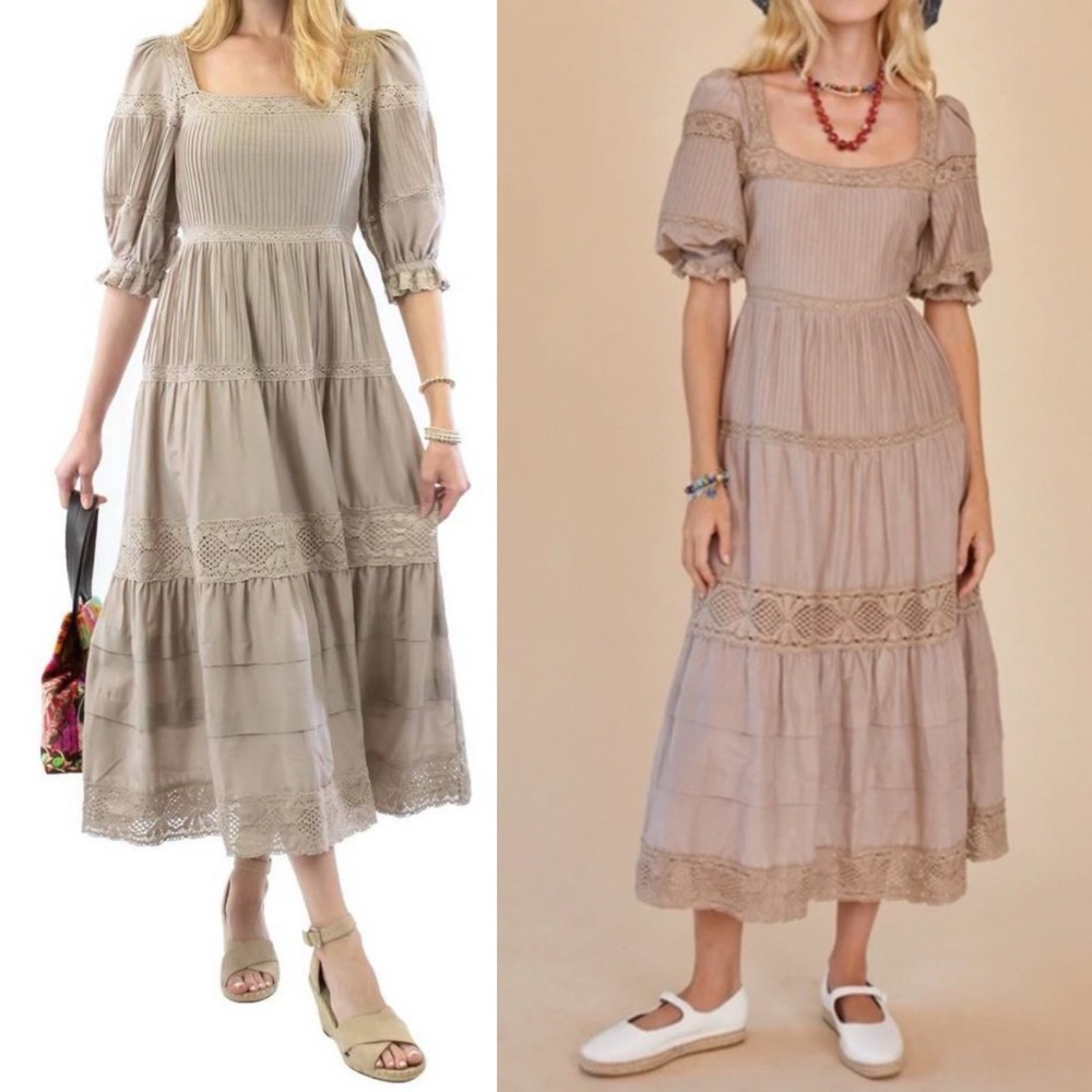 Hunter Bell Evelyn Dress Clay Silk Cotton Midi Square Neck Puff Sleeve Taupe 8 - Picture 9 of 9